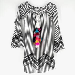 Maybe Wang Black and White Stripe Pom Pom Tassel Off Shoulder Dress Small